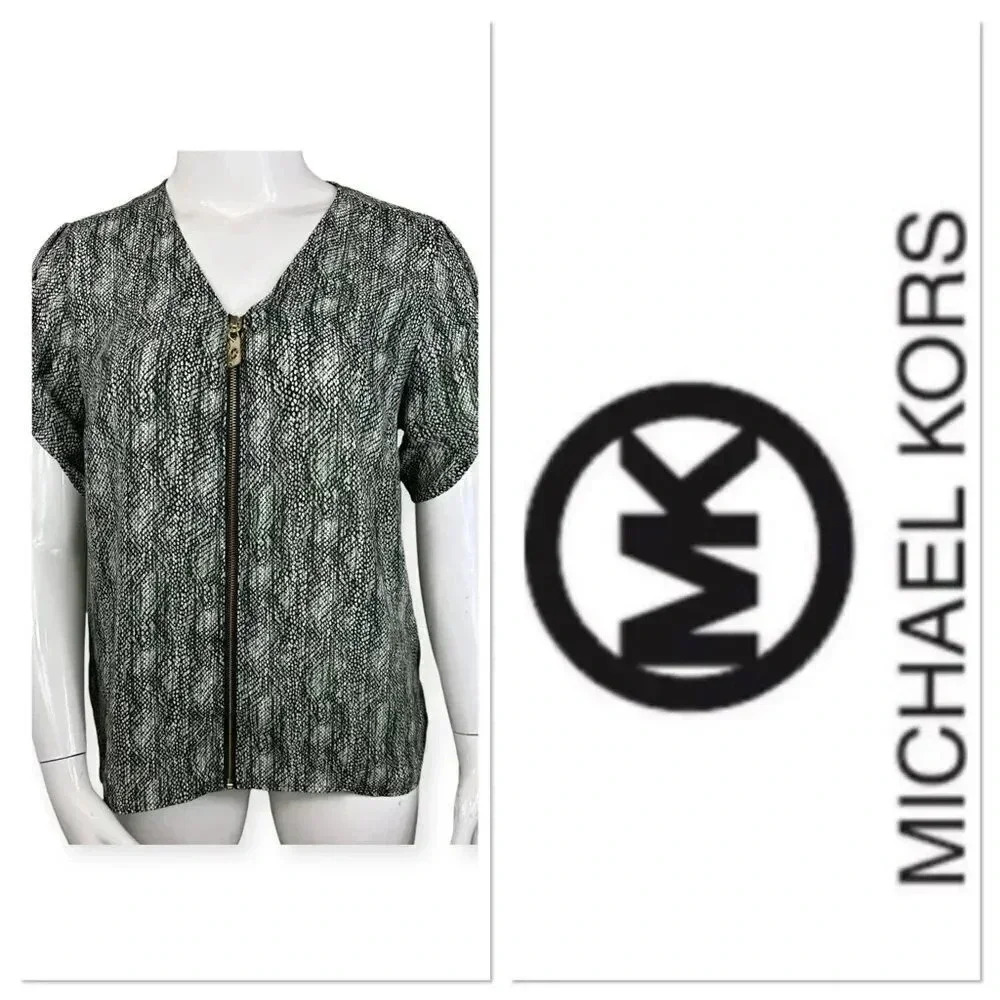 Michael Kors zip front black and white snakeskin print top size XL